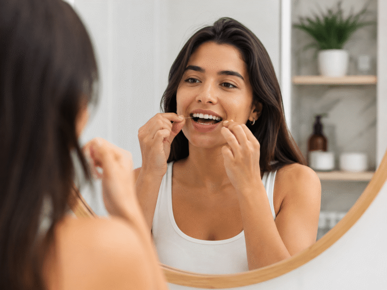Woman flossing her teeth as part of a daily oral hygiene routine