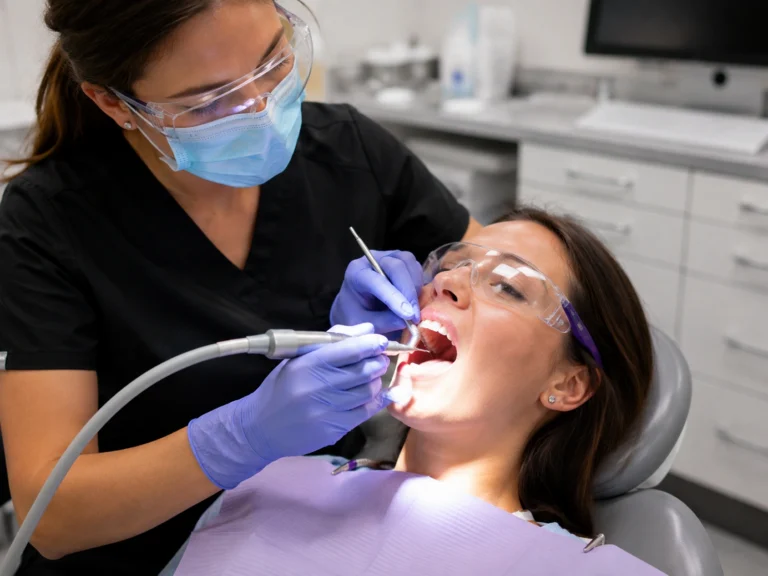Dental hygienist performing a deep cleaning to treat periodontal disease