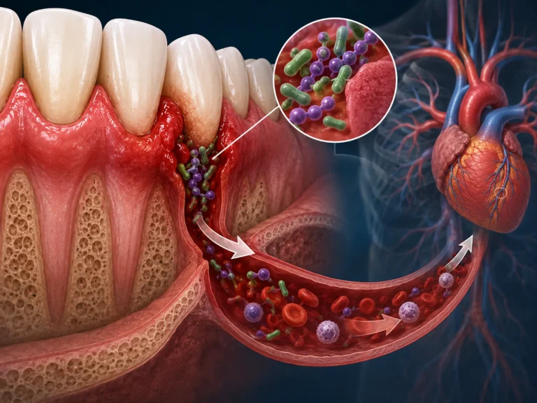 Illustration showing how oral bacteria can enter the bloodstream through inflamed gums.