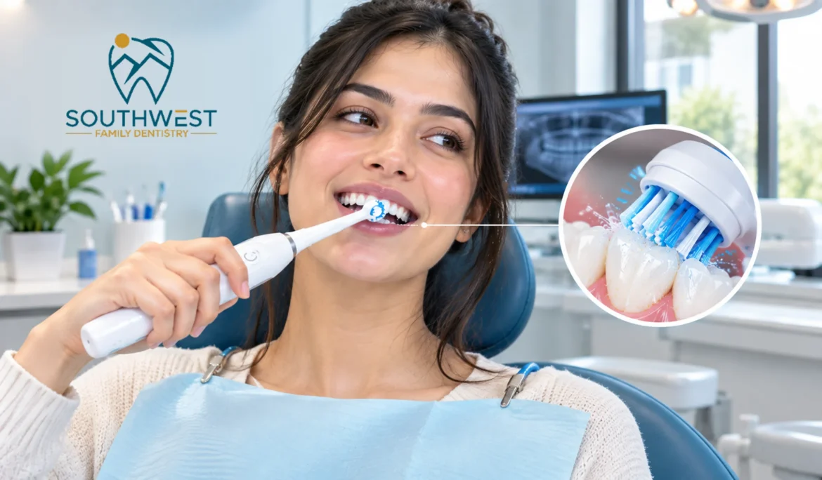 electric toothbrush cleaning teeth at Southwest Family Dentistry in Littleton, CO